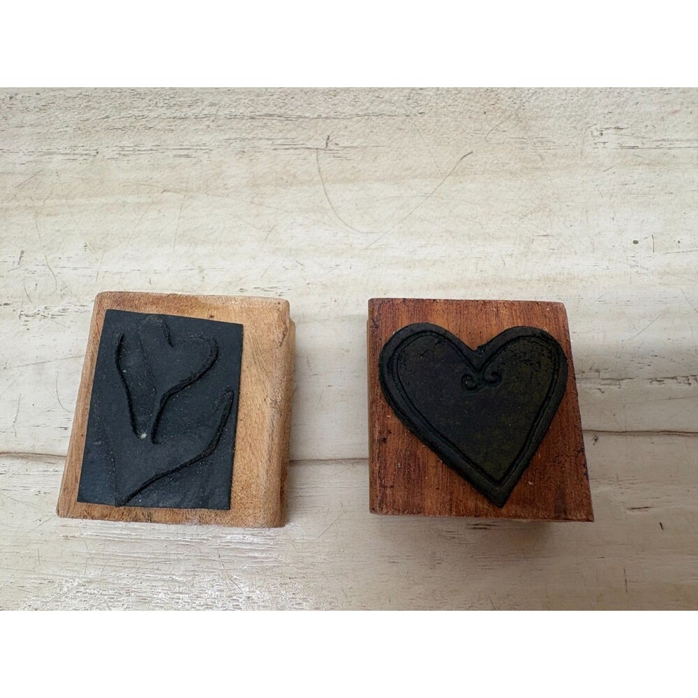 Set Of 2 Hand Crafted Wood Mounted Rubber Stamps Hearts